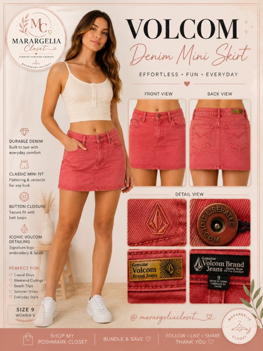 Volcom Y2K Denim Mini Skirt Coral Red Skater Surf Juniors Size 9